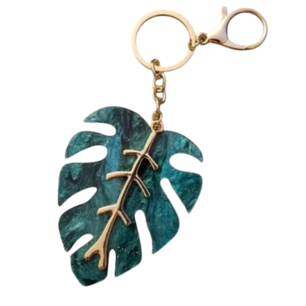 Monstera Keychain with Gold Accents
